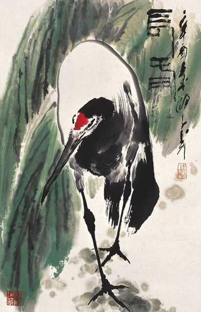 王子武 辛酉（1981年）作 芭蕉鹤 立轴